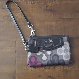 Gray & purple patterned Coach Wristlet